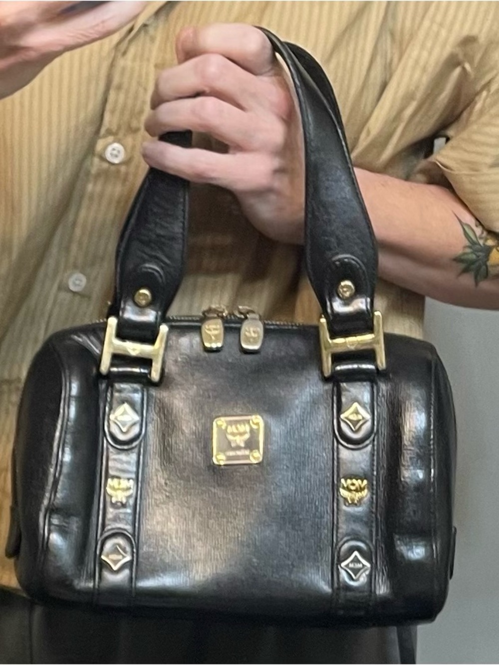 MCM Authentic Vintage Black Leather Double-Handle Handbag with Gold Hardware